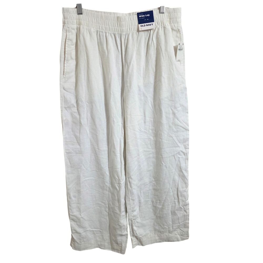 Old Navy Women L Wide Leg Pants White Linen Blend High Rise Comfort Waistband